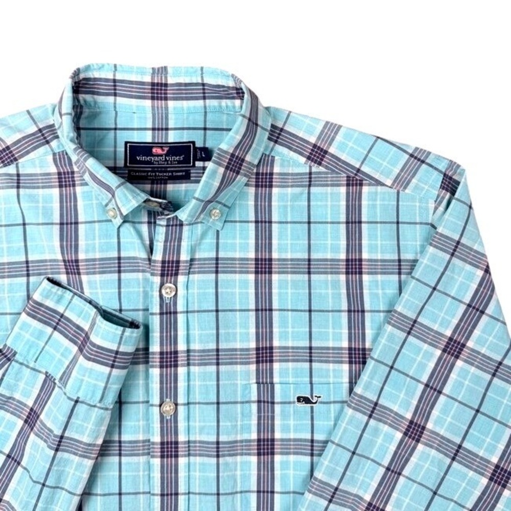 Vineyard Vines Classic Fit Tucker Shirt Aqua Blue Plaid Cotton Mens Large